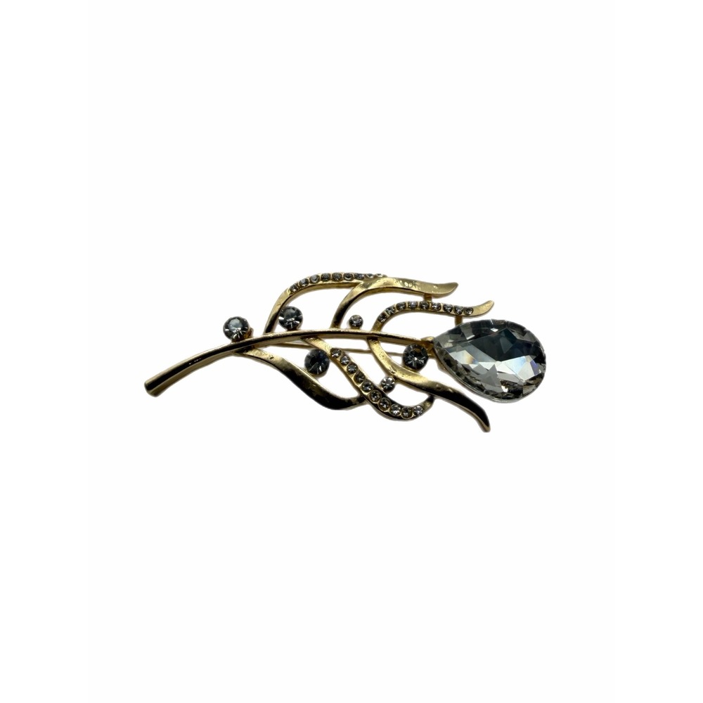 Gold Tone Leaf Brooch Grey Rhinestone Teardrop Crystal Vintage‎ Style Pin